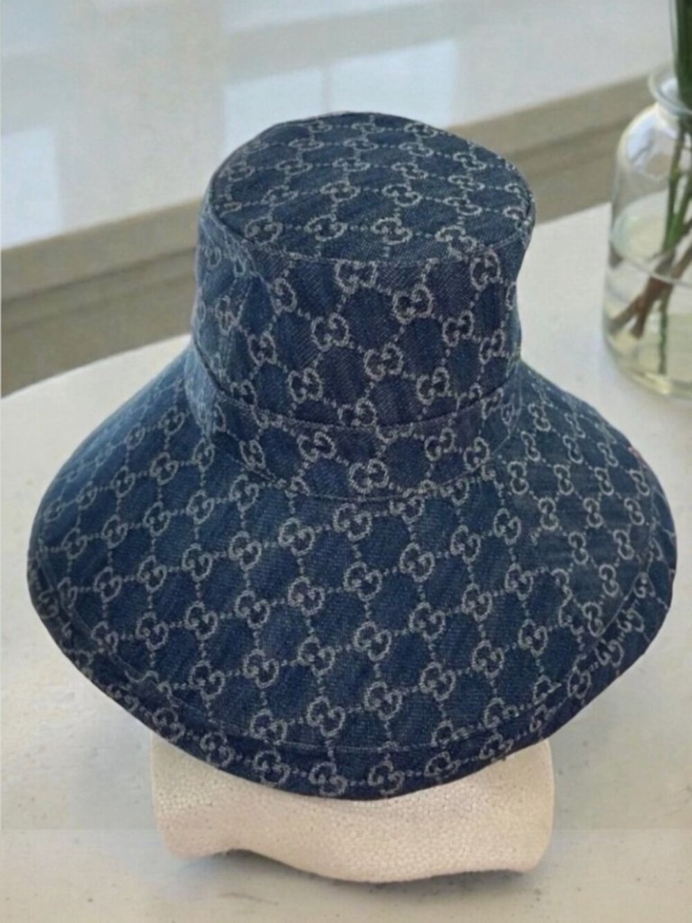Auth GUCCI GG Canvas Wide Brim Hat Blue Eco Denim Bucket Sun Hat Incl Dust Bag M - Picture 6 of 10
